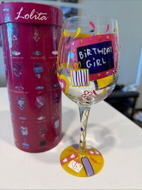 Lolita Pink and Yellow "Birthday Girl" Decorative Wine Glass